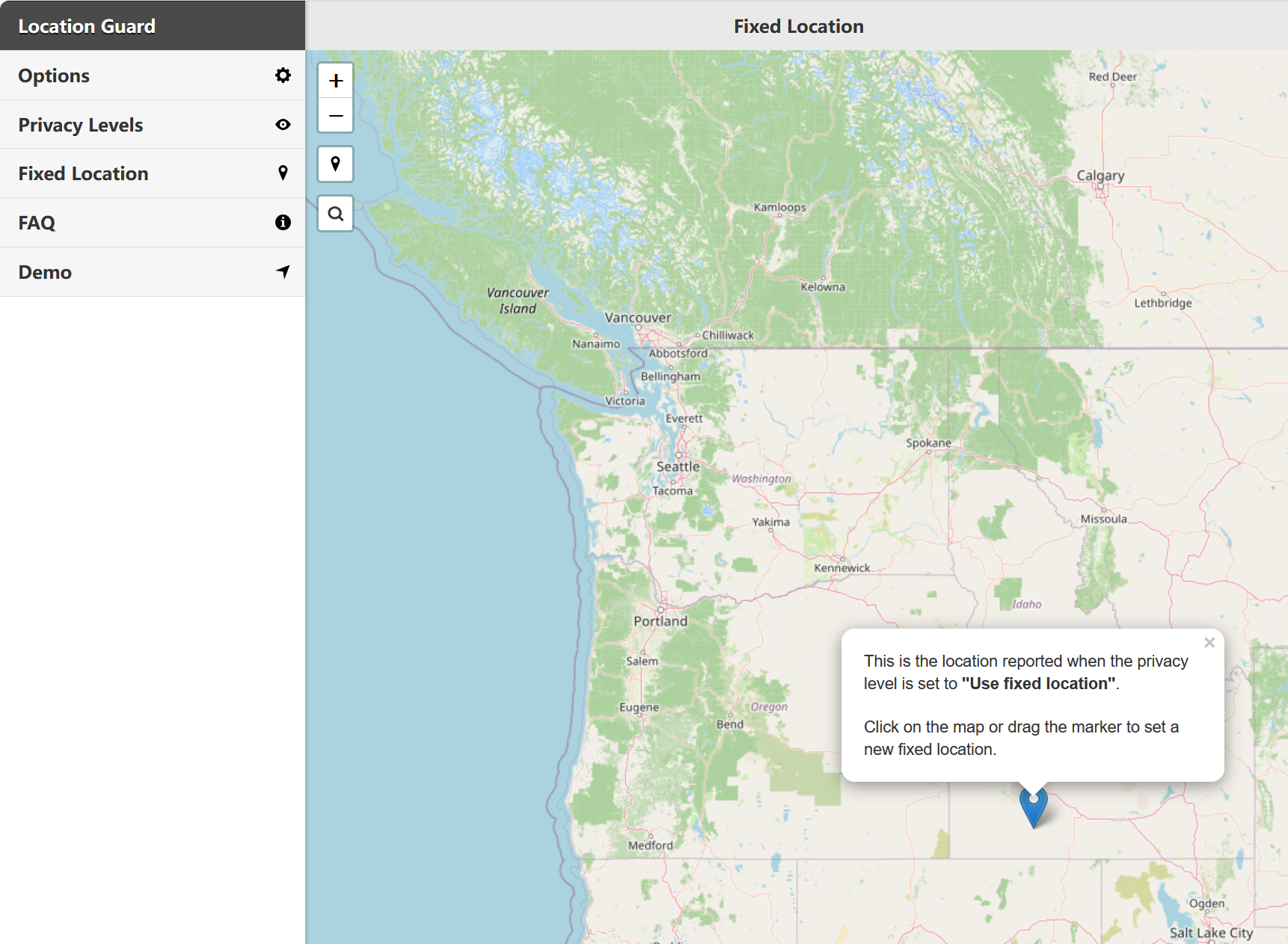 Location Guard Fixed Location Mode - set a fixed location on an interactive map for browser geolocation privacy